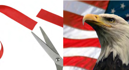scissors cutting red ribbon, eagle on american flag
