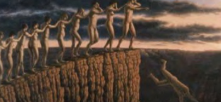 men walking blindly off a cliff