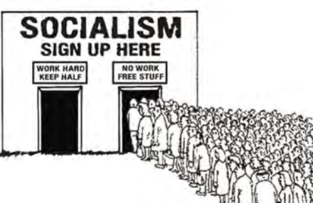 drawing of people lining up for "free stuff no work," socialism