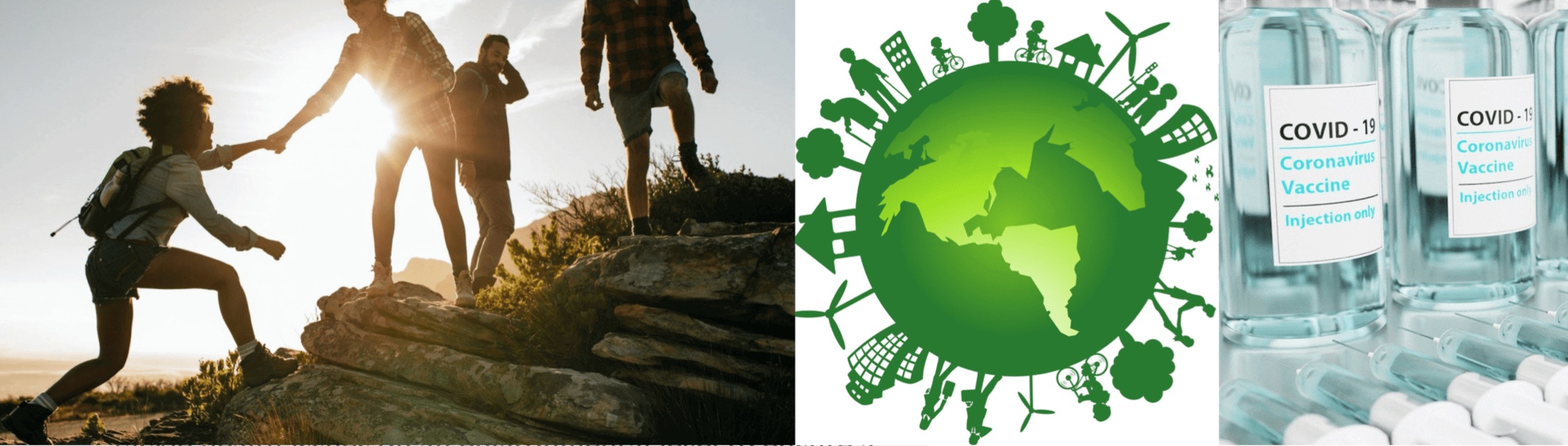 person helping someone climb a rock, green earth, coronavirus vaccine