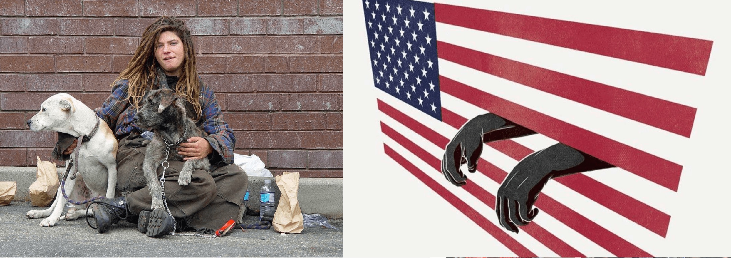 unhoused person with dog, american flag as prison bars with hands hanging out