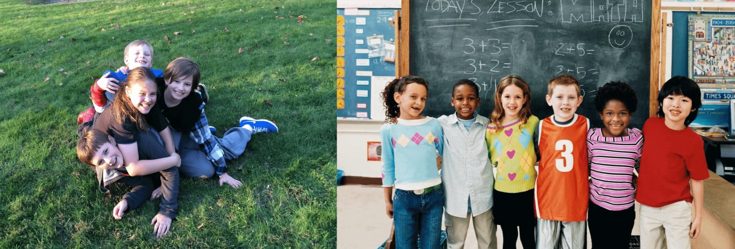 smiling kids playing in grass, smiling kids in classroom